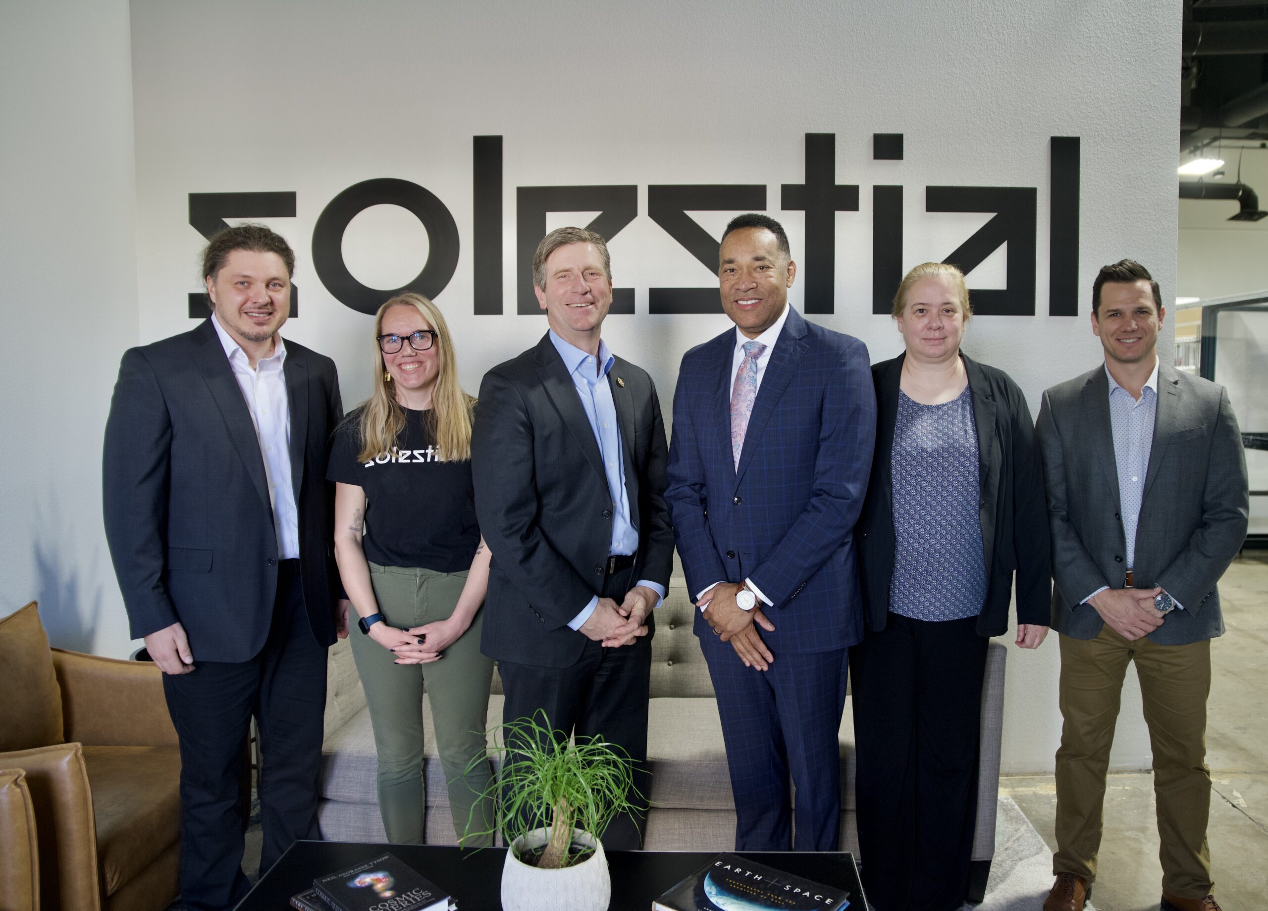 Representatives from Solestial, Arizona State University (ASU), and Skysong Innovations meet with U.S. Representative Greg Stanton. Pictured from left: Stan Herasimenka, Solestial CEO and Co-Founder; Michelle Eyink, Solestial Solar Cell Manufacturing Manager; U.S. Representative Greg Stanton, representing Arizona's 4th Congressional District; Vince Hearn, Solestial Head of Government Business Development; Christiana Honsberg, ASU Professor in the School of Electrical, Computer and Energy Engineering; Kyle Siegal, Skysong Innovations Executive Director & Chief Patent Counsel.