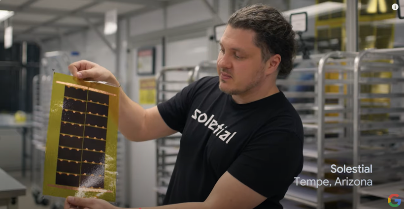 In a screenshot from Solestial's Google Workspace big game commercial, Solestial CEO, Stan Herasimenka, displays a flexible solar power module.